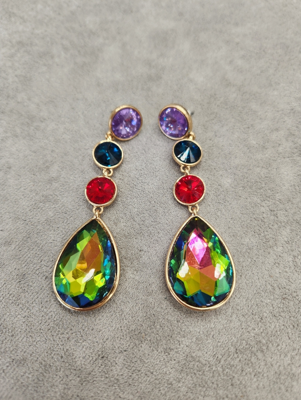 Statement Dangle Earrings Glass Teardrop Red Green Blue Purple 3 Tier Chunky